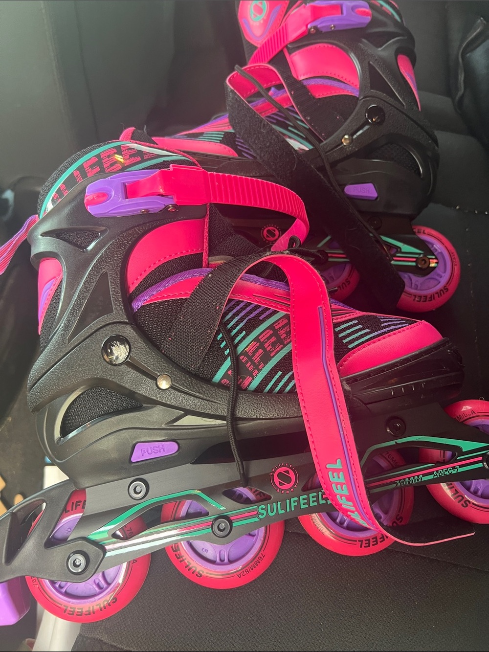 Sulifeel Kids Inline Skates — Bright Pink with Teal Accents size 4 to 7 youth